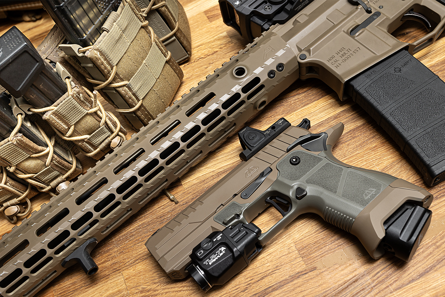 OA Defense OA 2311 Compact with Plus Kit - High Desert Sage with rifle on desk
